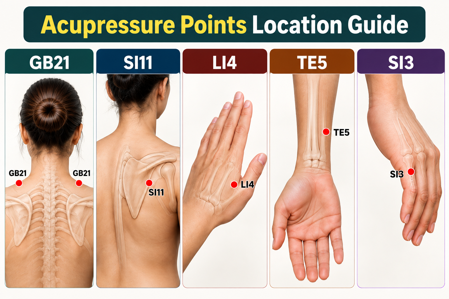 Top 5 acupressure points for shoulder pain — GB21, SI11, LI4, TE5 and SI3 locations on the body