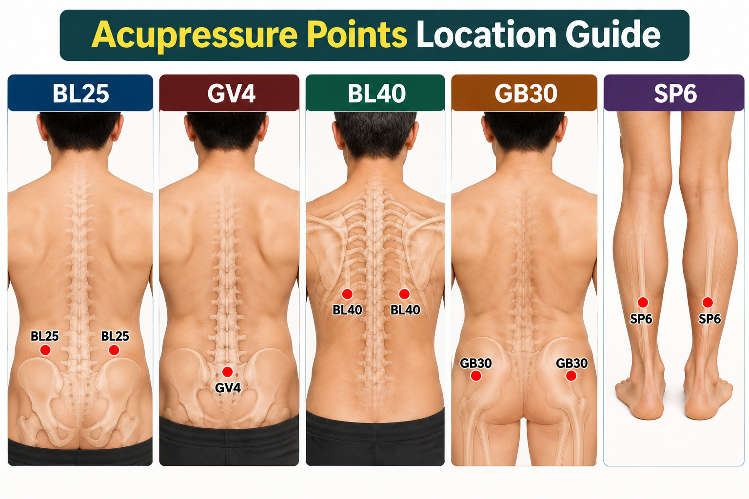 Acupressure points for back pain — BL23, GV4, BL40, GB30 aur SP6 ki location