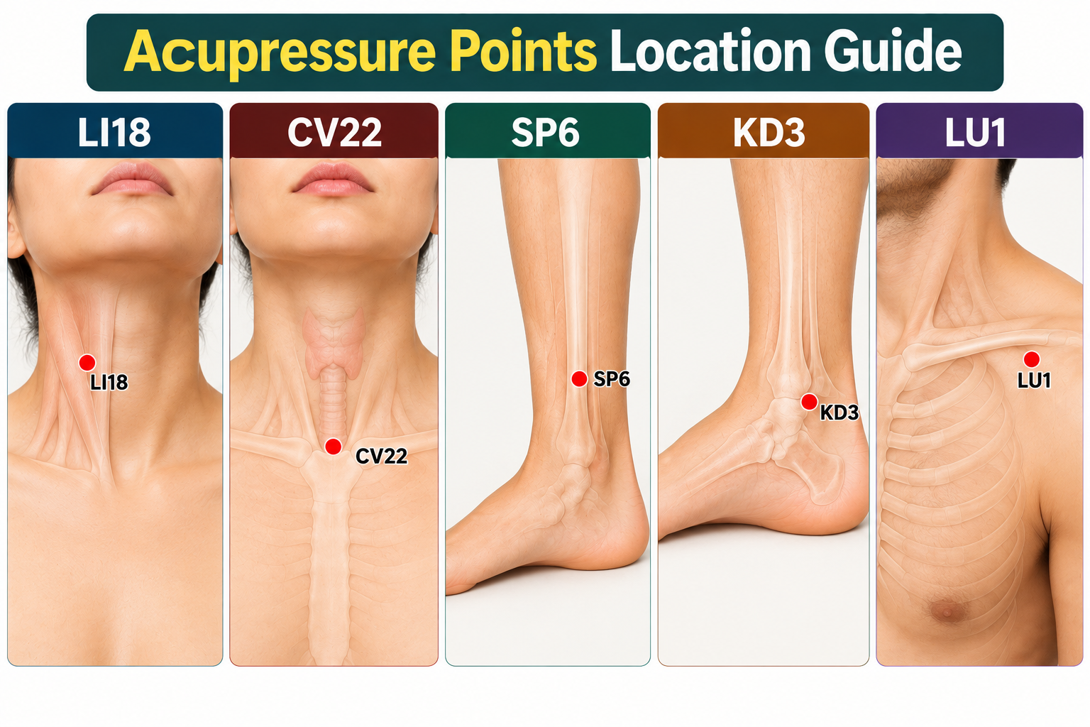 Acupressure points for thyroid — LI18, CV22, SP6, KD3 aur LU1 ki location