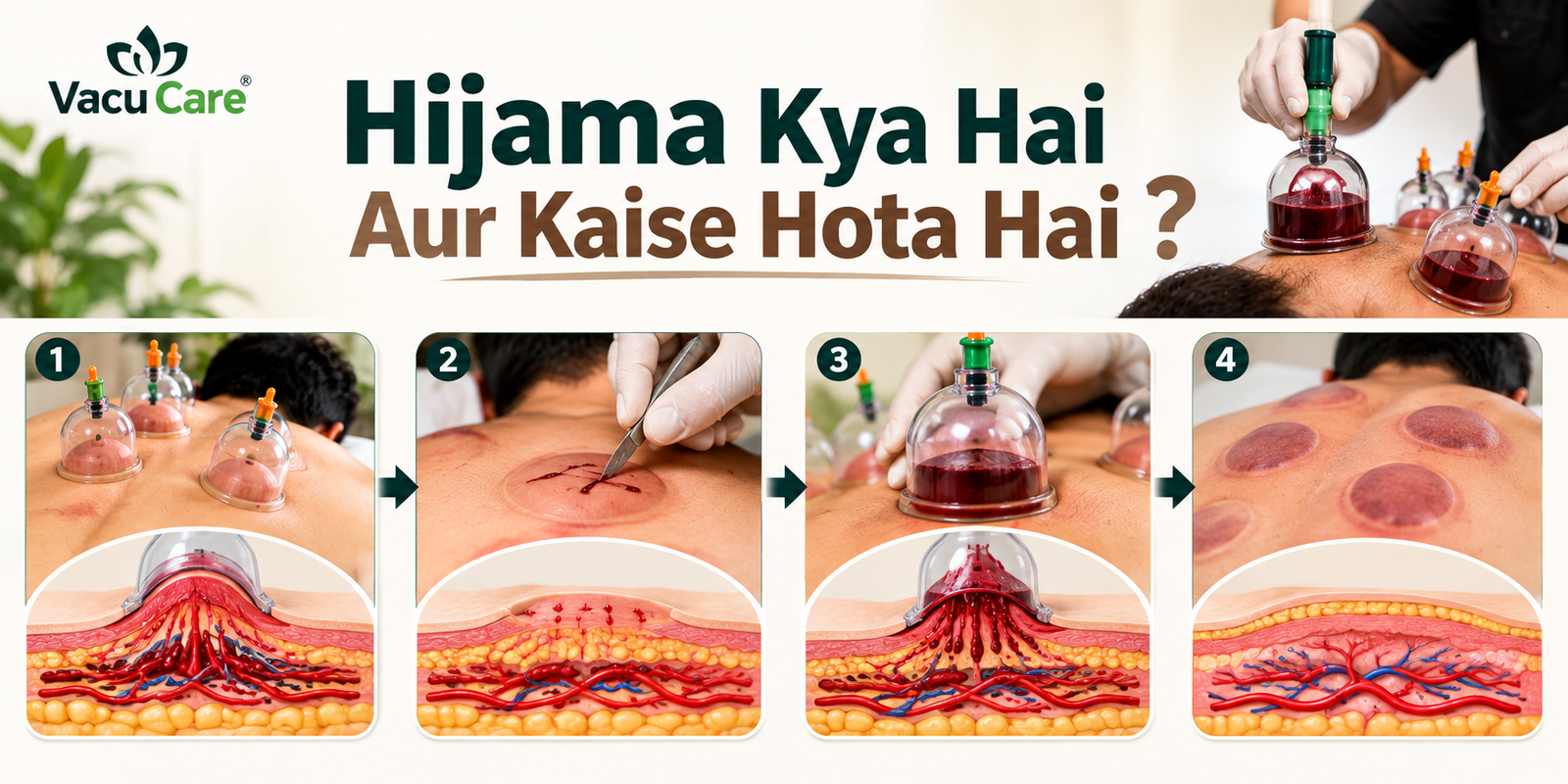 Hijama wet cupping therapy — peeth par cups ka illustration