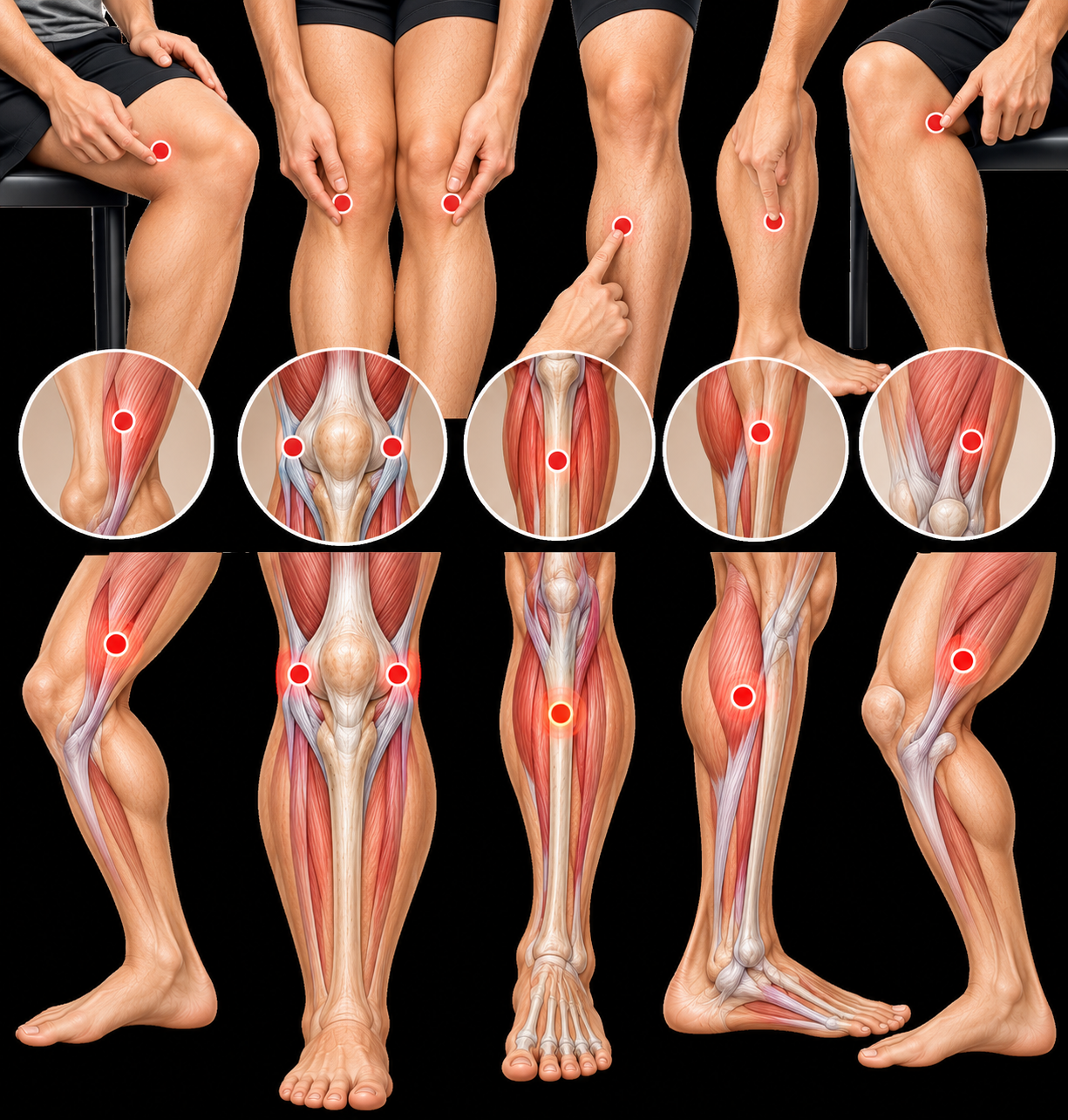 Ghutne ke dard ke acupressure points - ST35, EX-LE4, ST36, SP9, SP10, GB34 aur BL40 ki location
