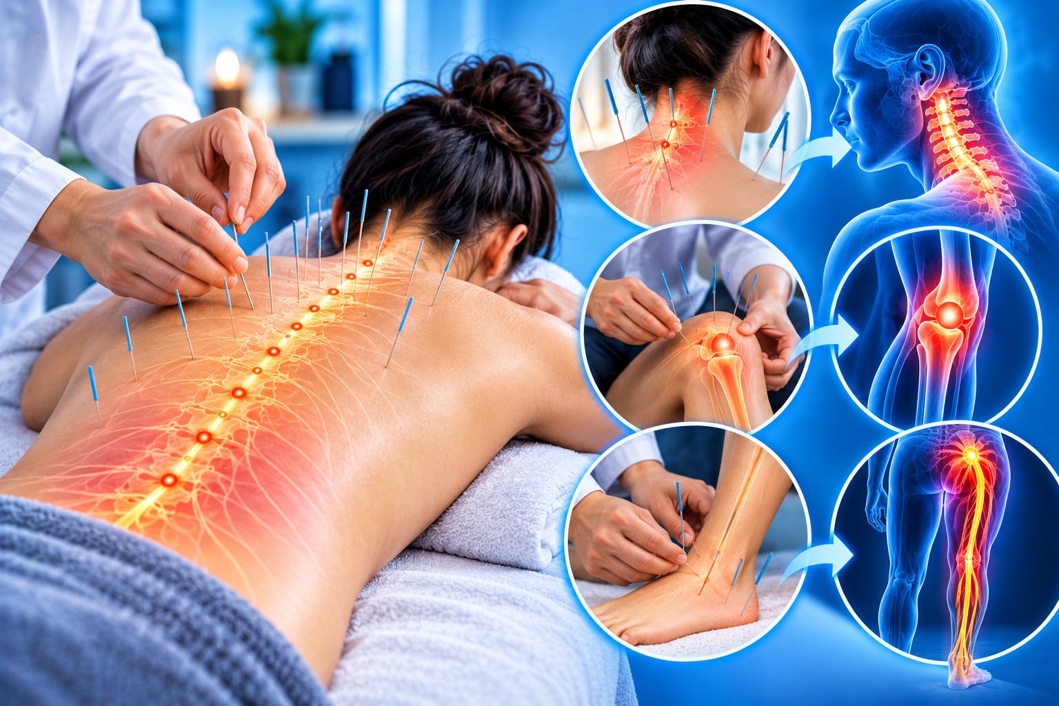 Acupuncture meridian aur needle therapy ka illustration collage