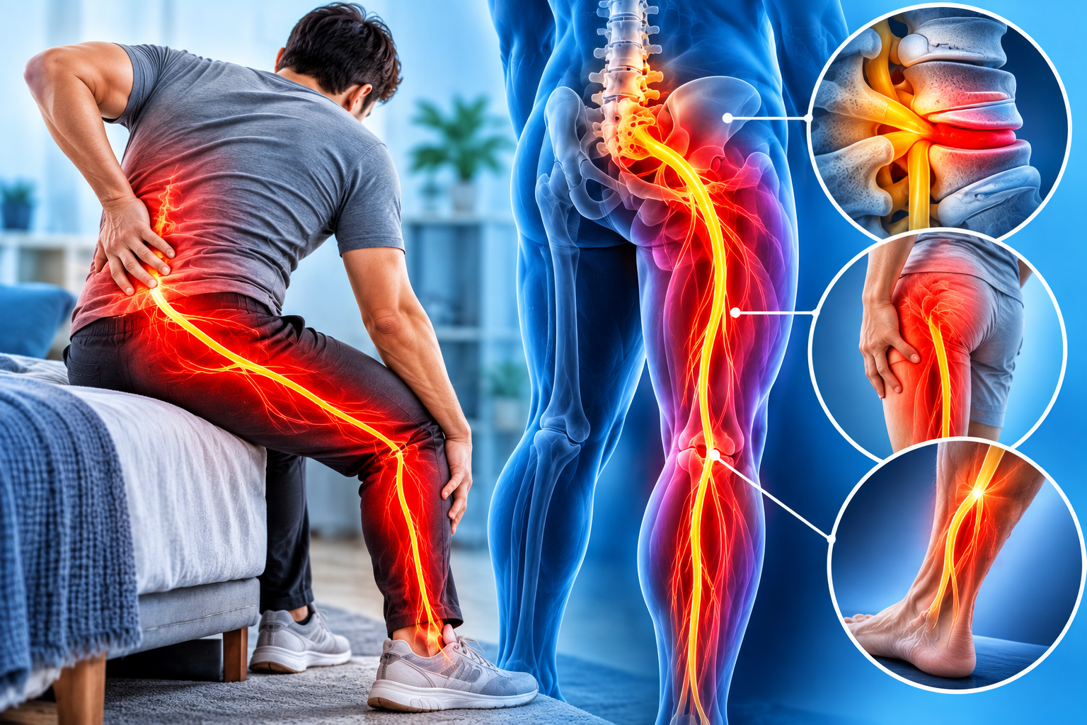 Sciatica pain mein sciatic nerve ka kamar se pair tak raasta dikhata infographic